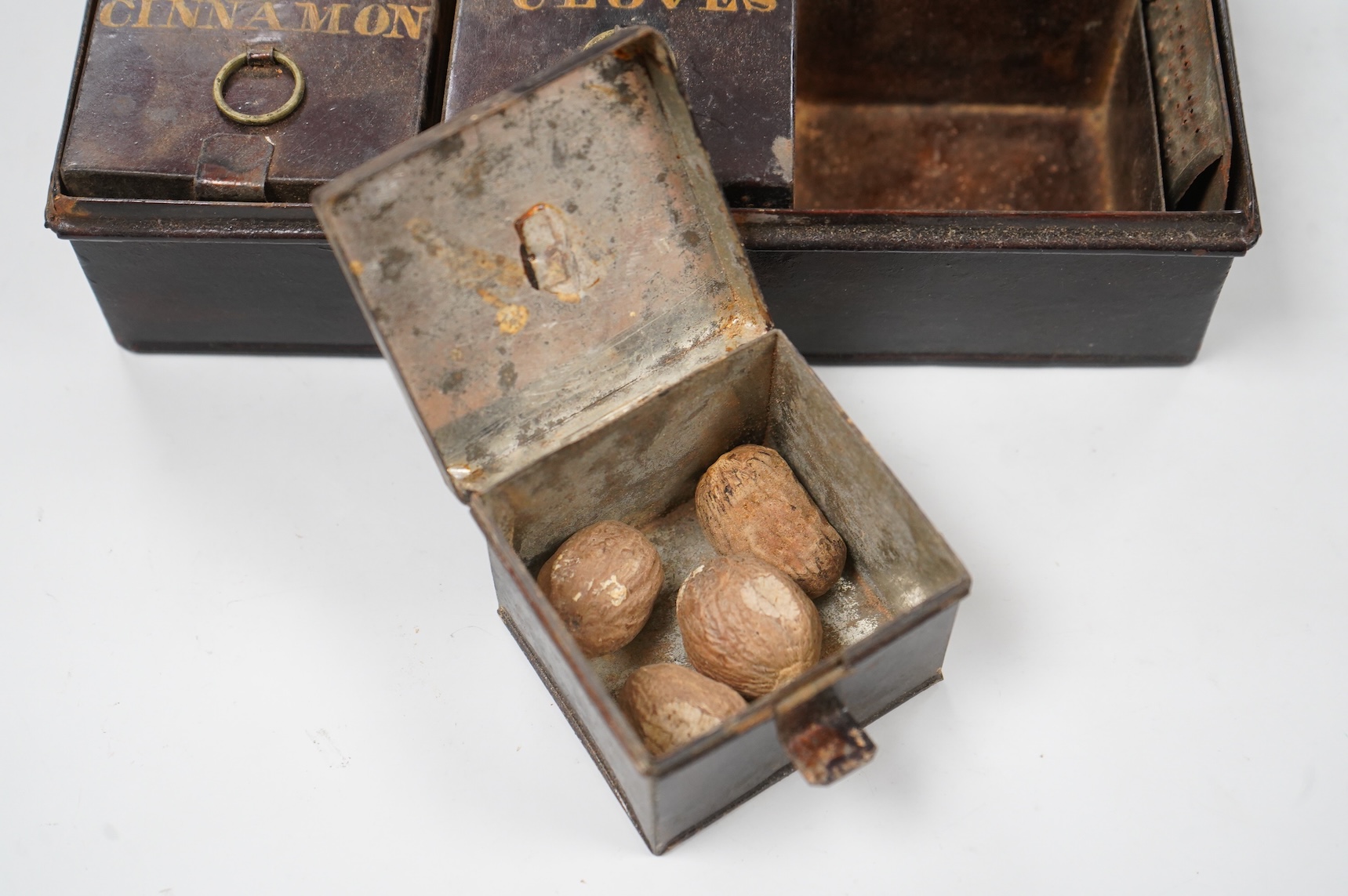 A Victorian compartmentalised spice tin to include Ginger, Allspice and Mace, with original grater, 20cm wide